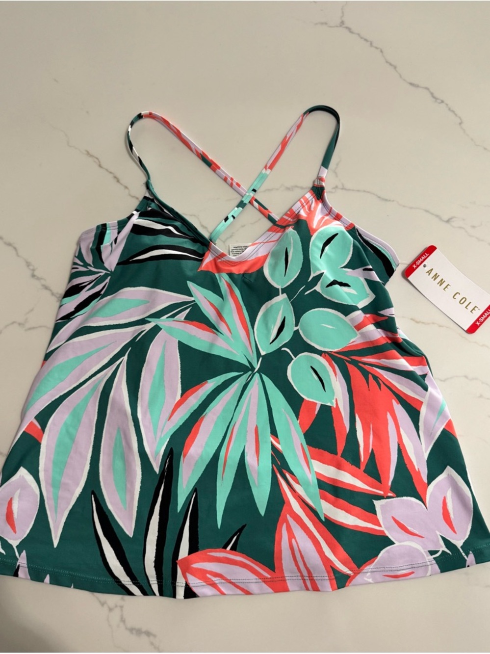 Anne Cole NWT Zesty Trop Tankini Top Swimsuit Tropical Leaf Print Teal XS